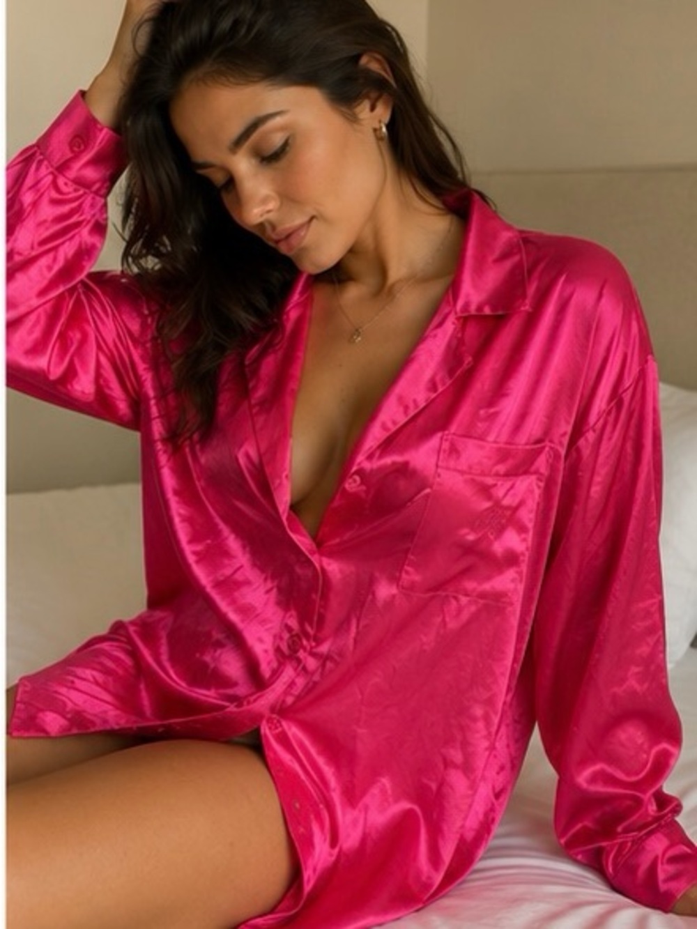 Christian Dior monogram Silky-Satin LongSleeve pajama Shirt -top Hot Pink